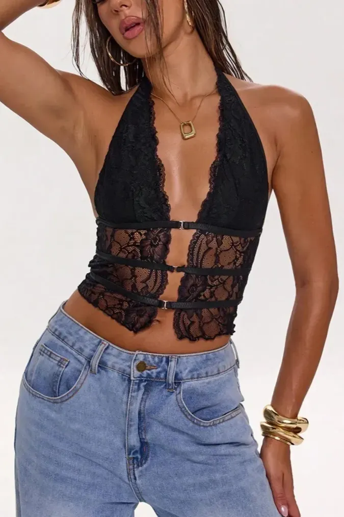 Black Lace Halter Crop Top - Image 1