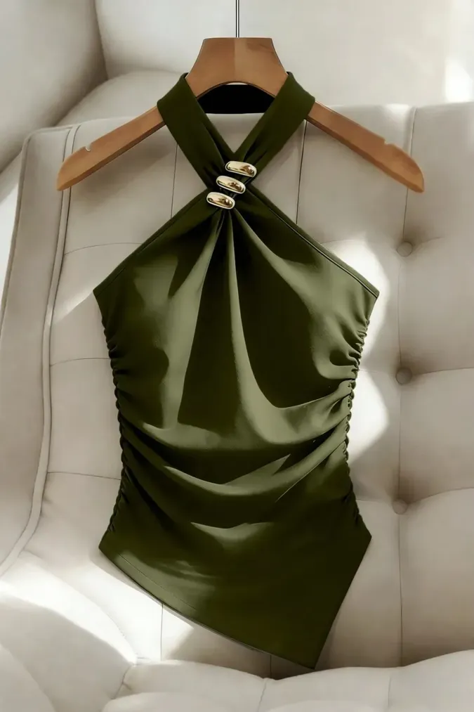 Olive Solid Ruched Top - Image 1