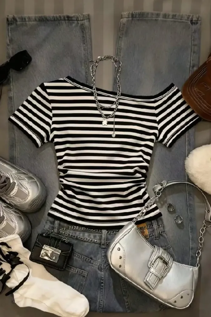 Black Striped Ruched T-Shirt - Image 1