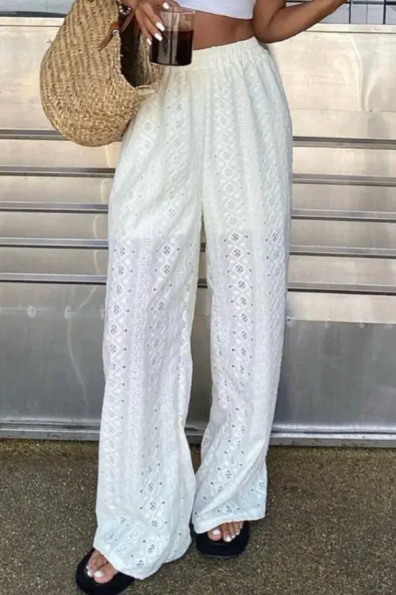 White Schiffli Mid Rise Pants - Image 1