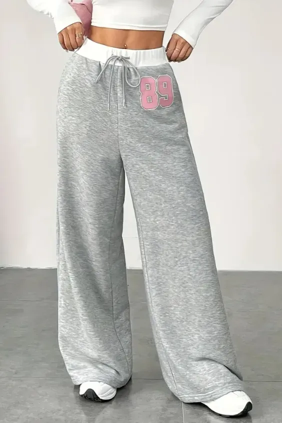 Light Grey Typography Mid Rise Pants - Image 1