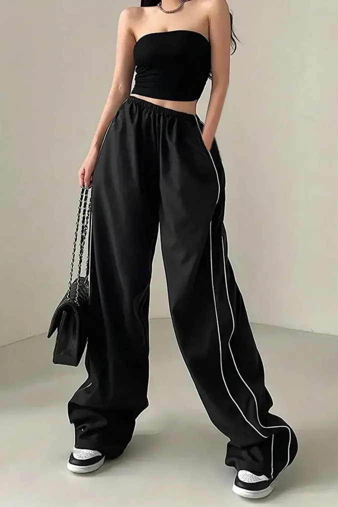 Black Striped High-Rise Pants - Image 1