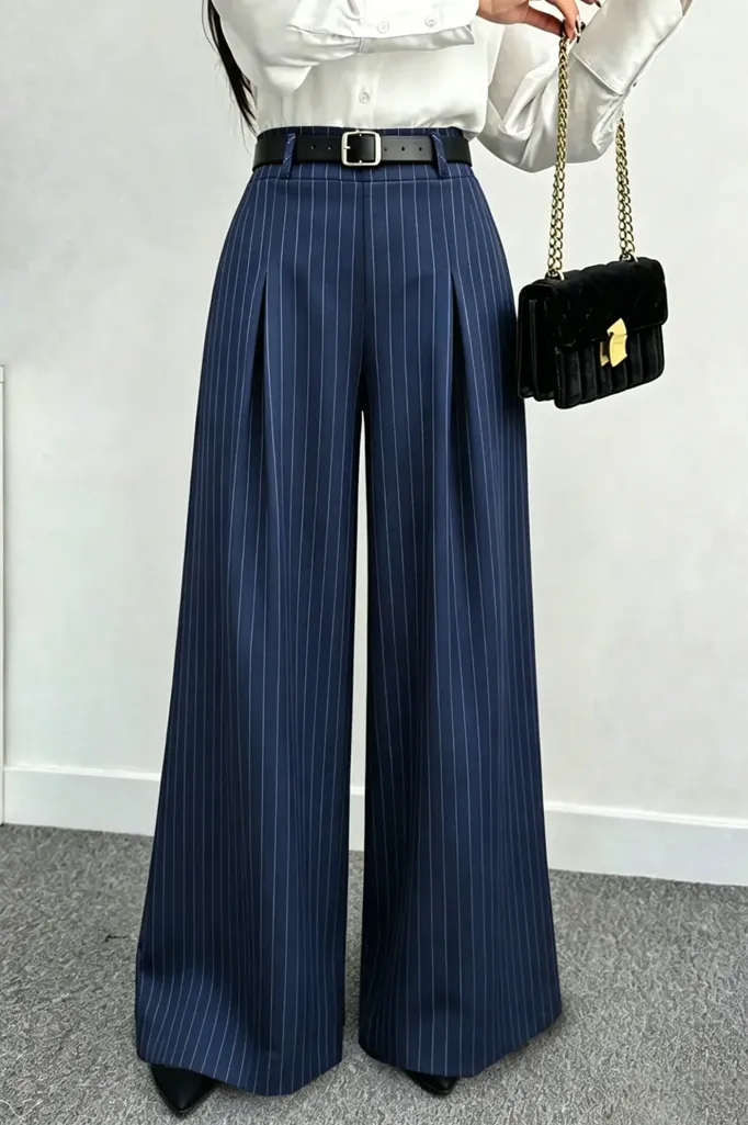 Dark Blue High-Rise Pinstripe Pants - Image 1