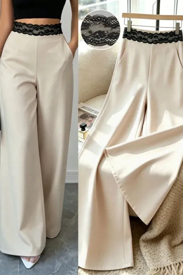 Beige High-Rise Lace Overlay Pants - Image 1