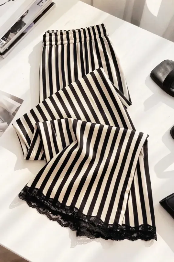 Black Striped Lace High-Rise Pants - Image 1