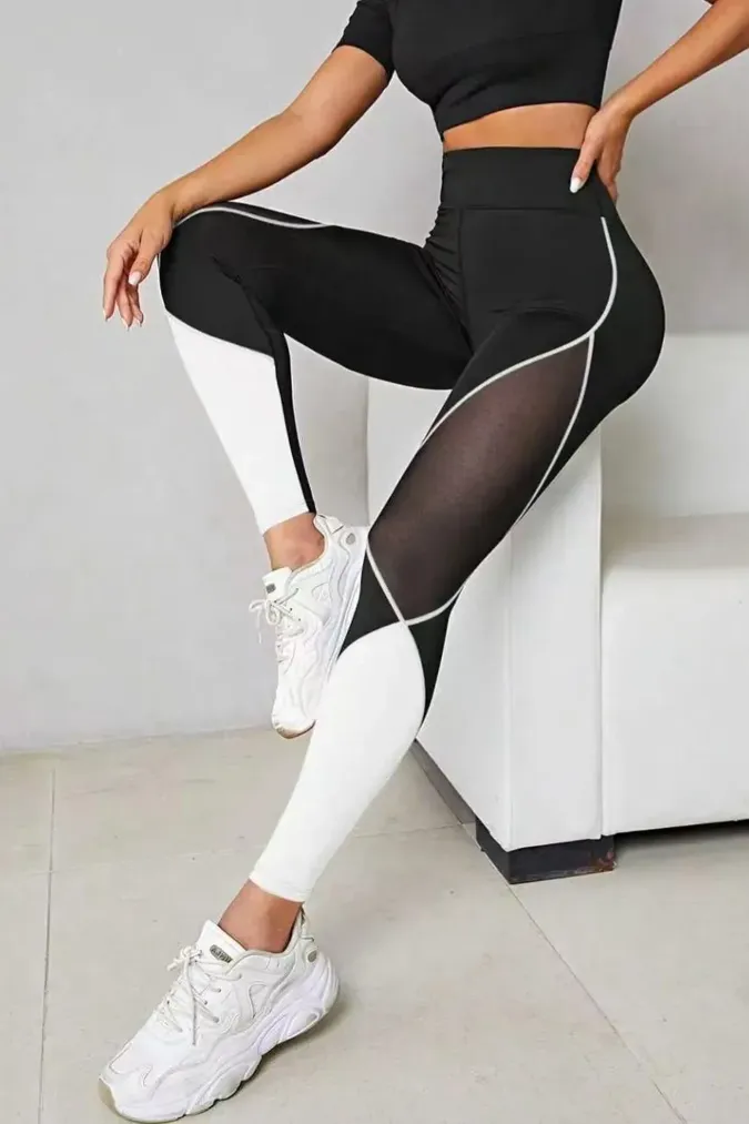 Black High-Rise Colour-Blocked Leggings - Image 1