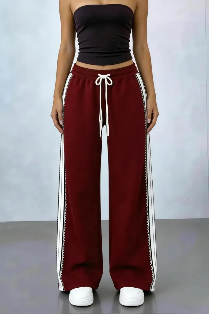 Maroon Striped Mid Rise Trousers - Image 1
