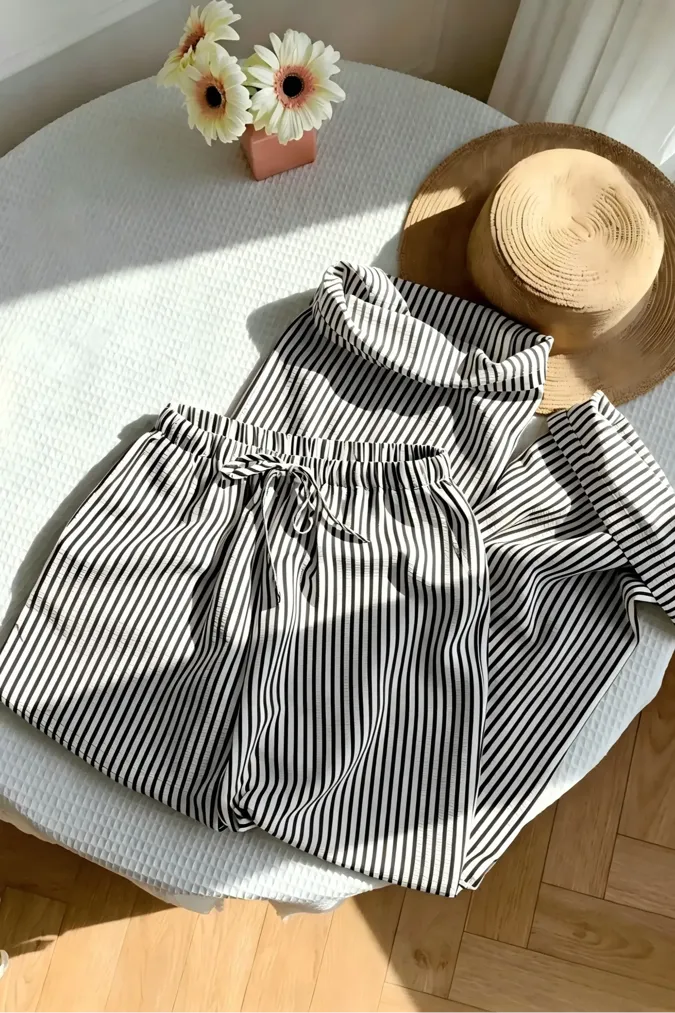 Black Striped Mid Rise Pants - Image 1