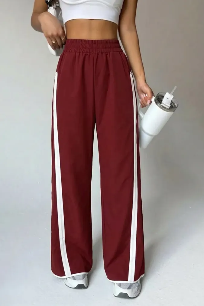 Maroon Striped Mid Rise Pants - Image 1