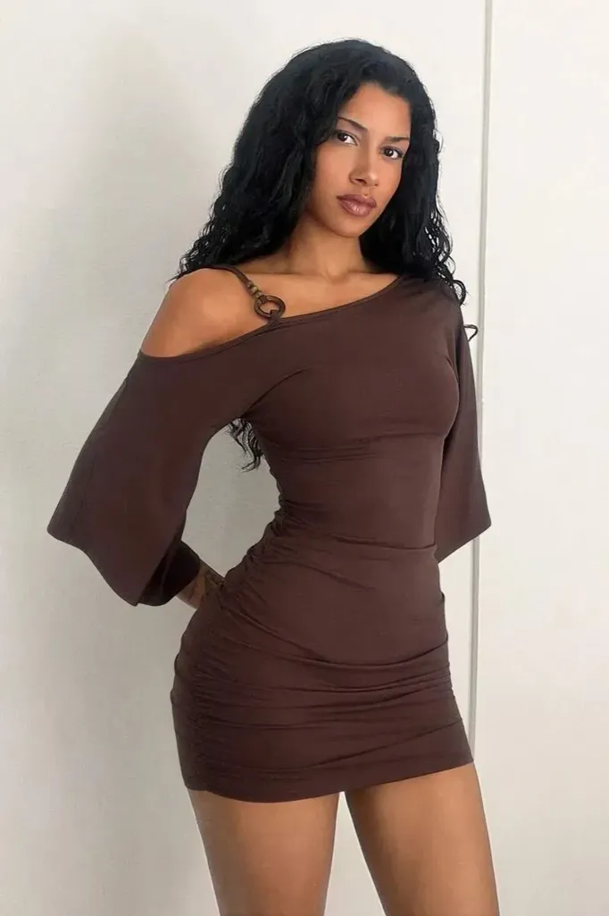 Brown Ruched One Solid Mini Dress - Image 1