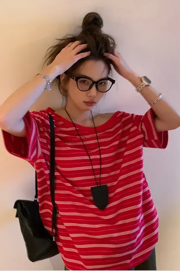 Red Striped One Shoulder T-Shirt - Image 1