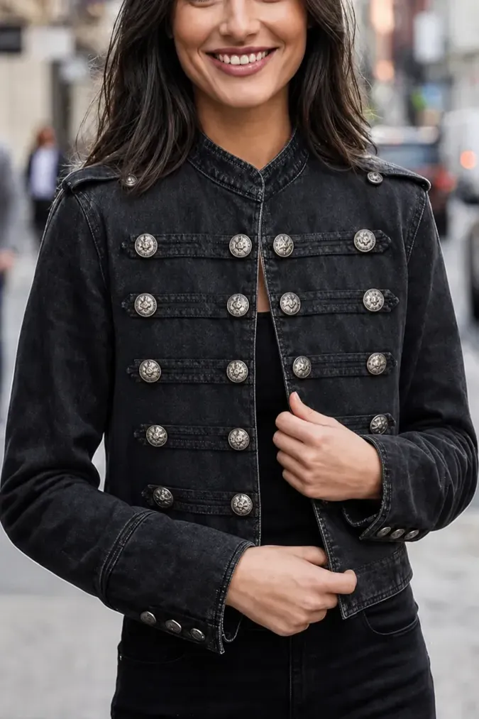 Black Band Collar Military Jacket - Image 1