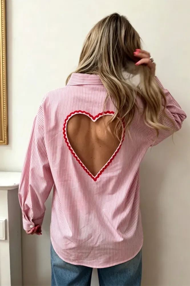 Pink Striped Heart Cut-Out Shirt - Image 1