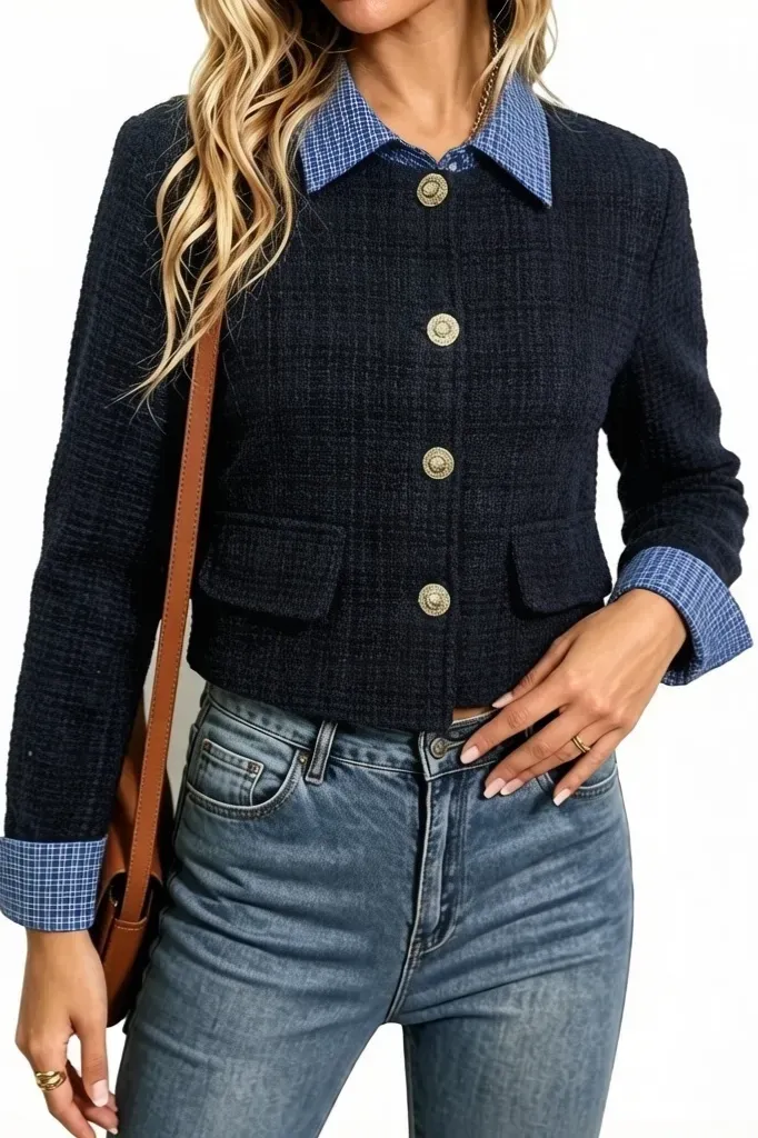 Black Checkered Collared Jacket - Image 1
