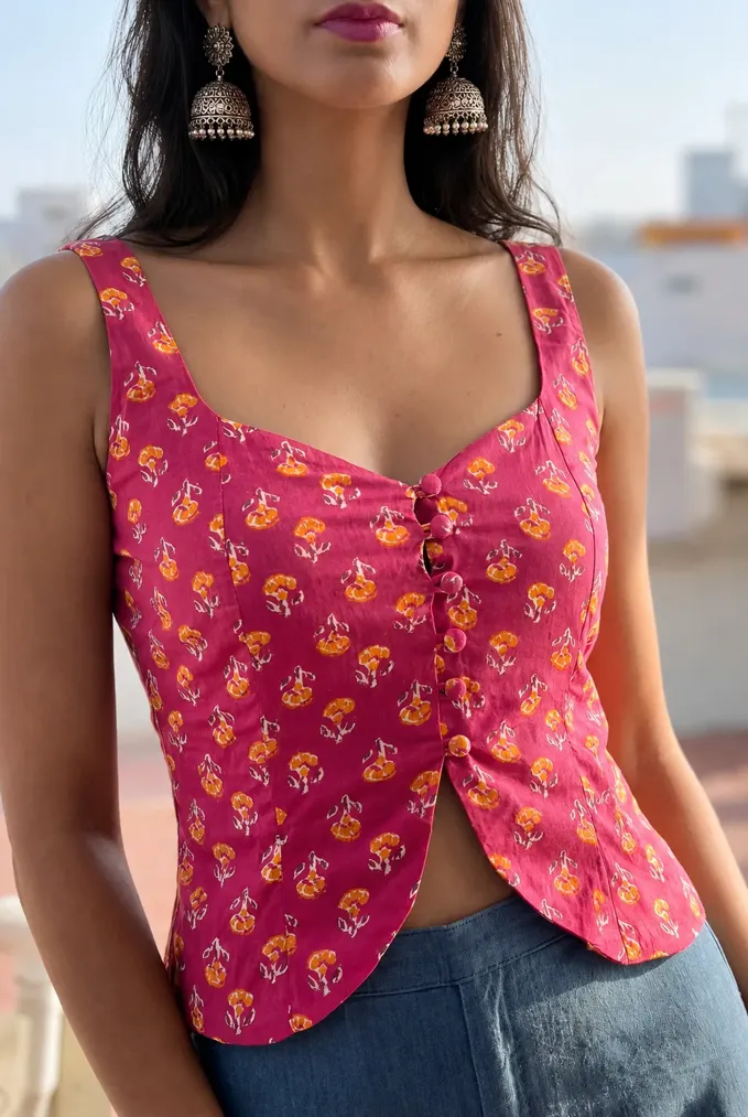 Pink Floral Sweetheart Neck Top - Image 1