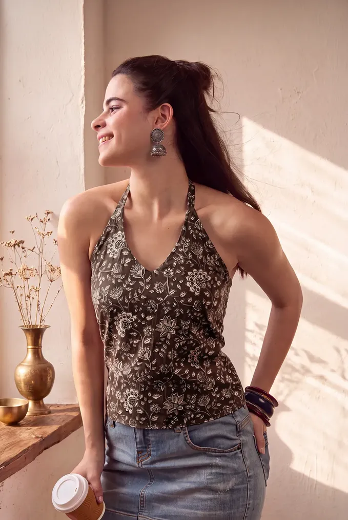 Brown Floral Printed Halter Neck Top - Image 1