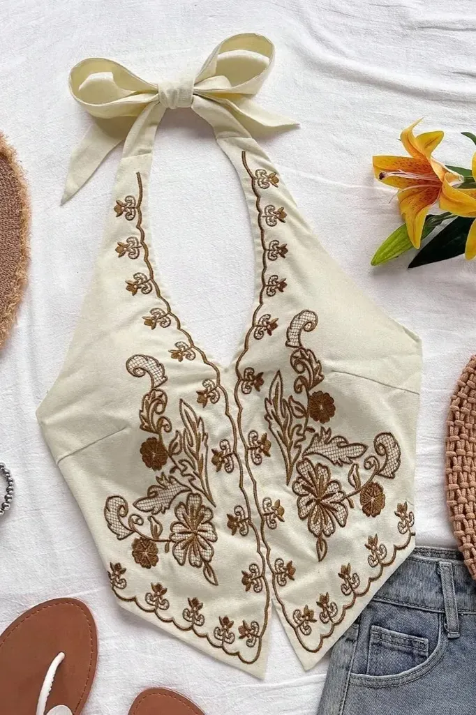 Off White Embroidered Halter Top - Image 1