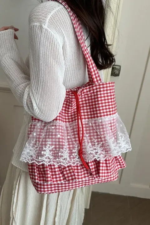 Red Gingham Ruffled Shoulder Bag - Image 1