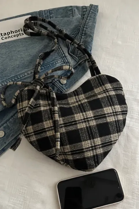 Black Plaid Heart Sling Bag - Image 1