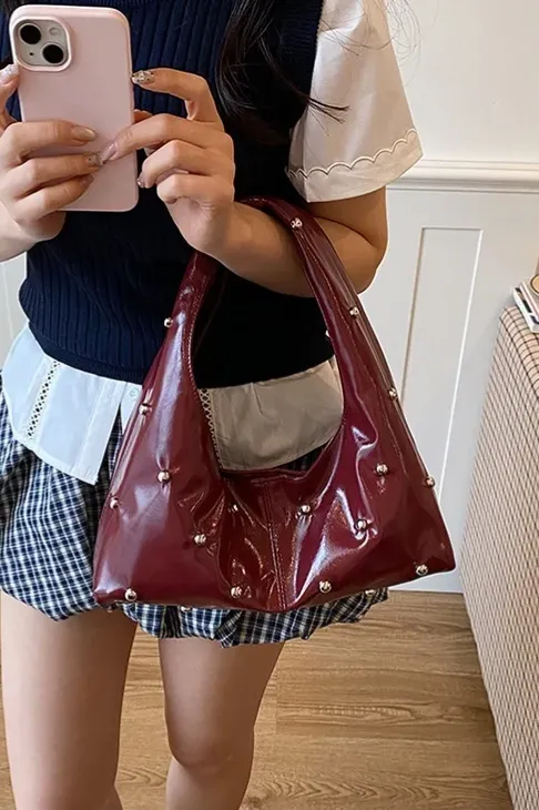 Wine Pu Studded Shoulder Bag - Image 1