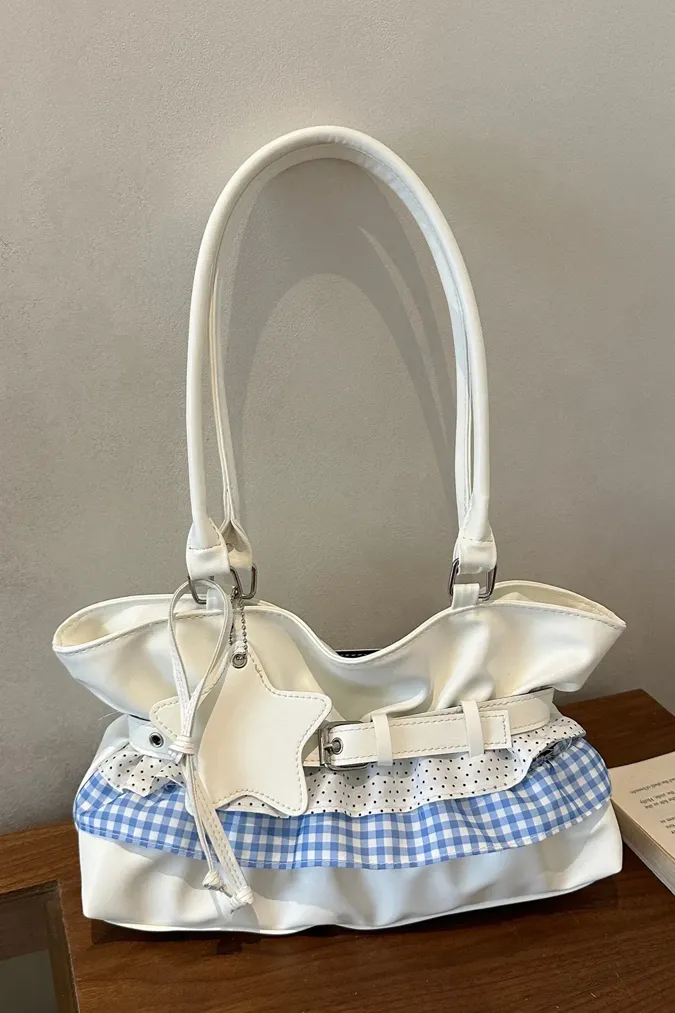 White Ruffled Gingham Shoulder Bag - Image 1