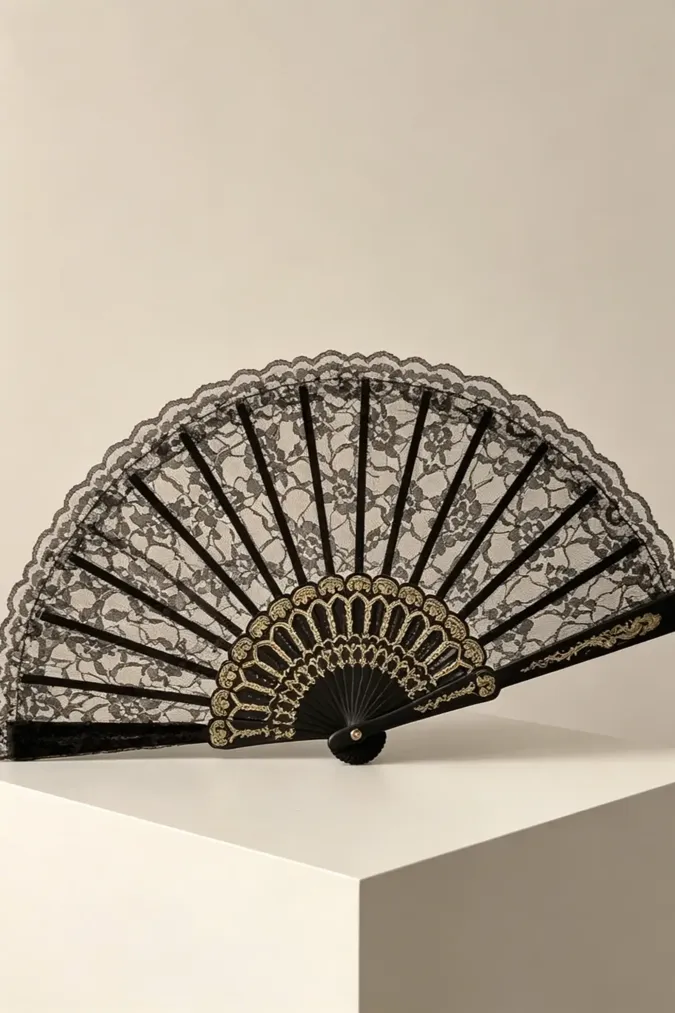 Black Lace Embroidered Hand Fan - Image 1