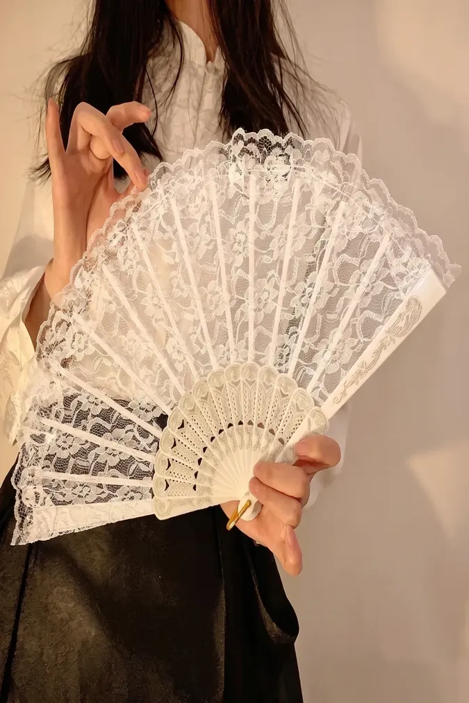 White Lace Embroidered Hand Fan - Image 1