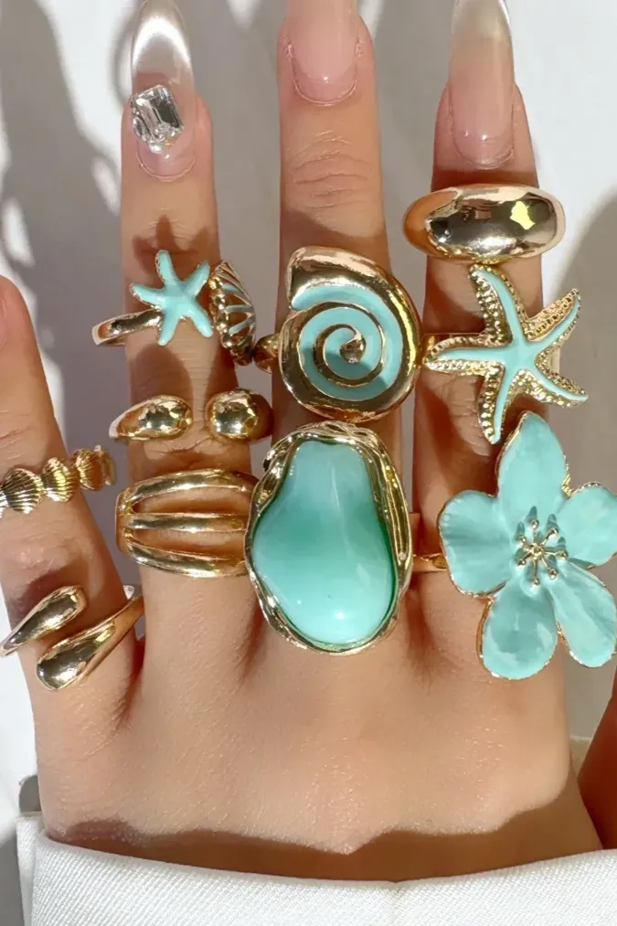 Turquoise Beachy Set Of 10 Rings - Image 1