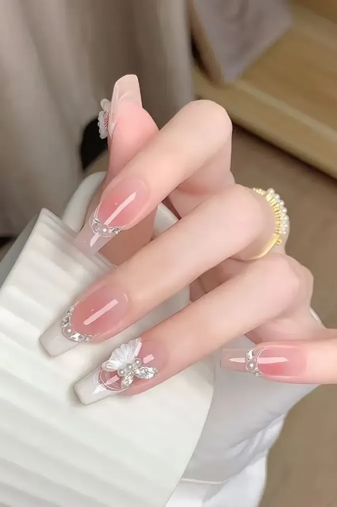 Light Pink Rhinestone Press On Nails - Image 1