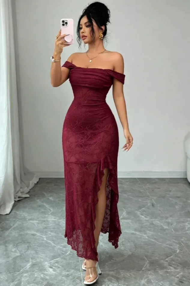 Maroon Lace Slit Maxi Dress - Image 1