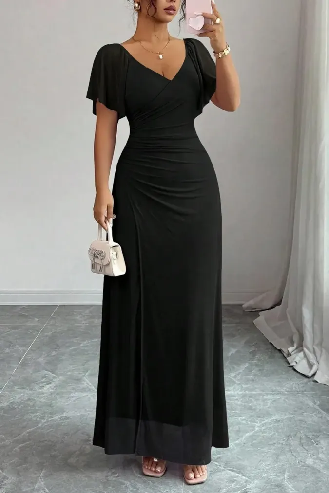 Black Solid V-Neck Maxi Dress - Image 1