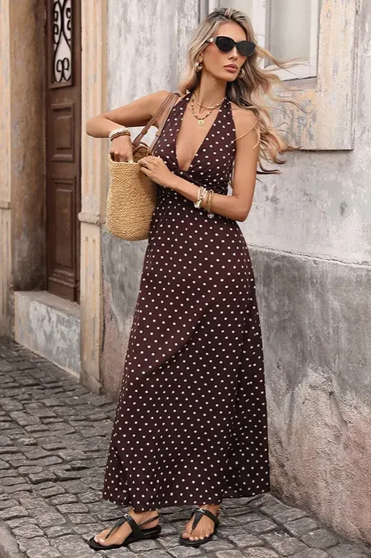 Brown Polka Dot Halter Maxi Dress - Image 1