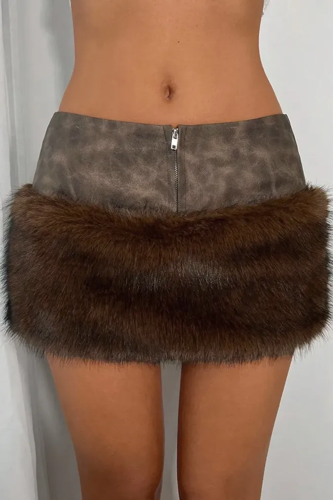 Brown Faux Fur Mini Skirt - Image 1
