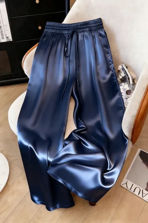 Dark Blue Mid-Rise Satin Pants - Image 1