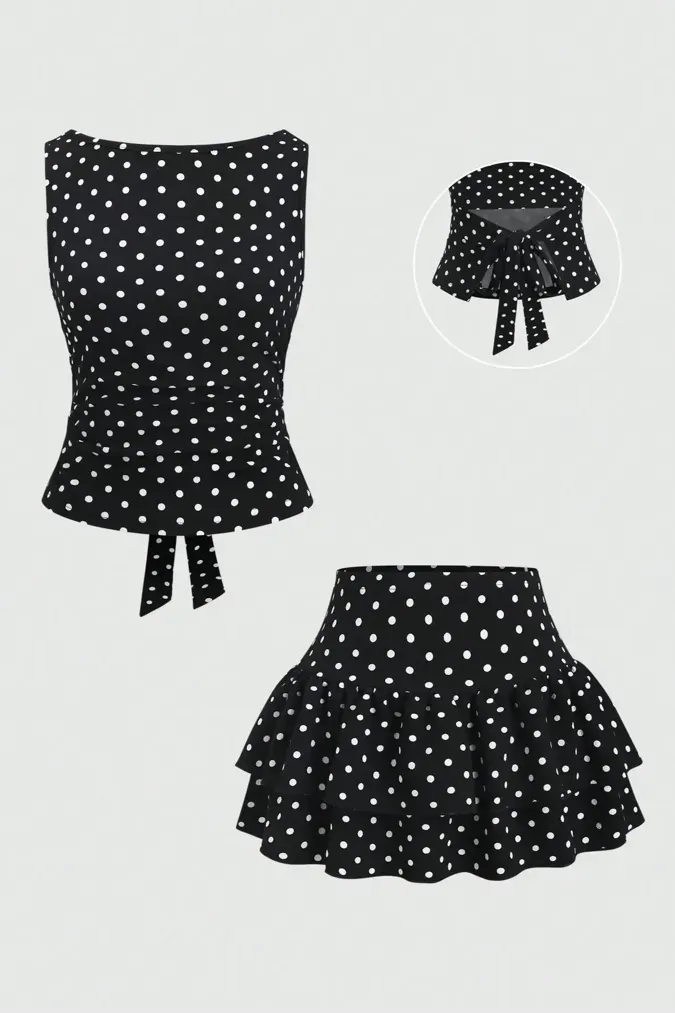 Black Polka Dot Tie-Up Top - Image 1