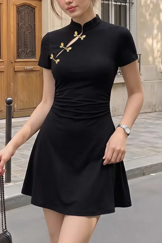 Black Mandarin Collar Mini Dress - Image 1