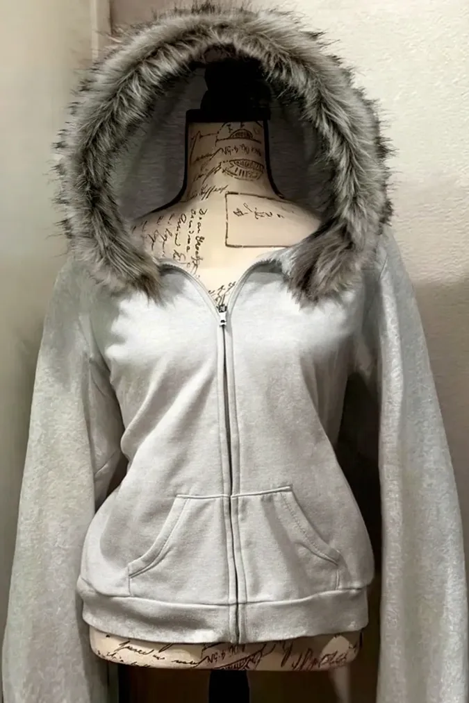Grey Zipper Faux Fur Hoodie - Image 1