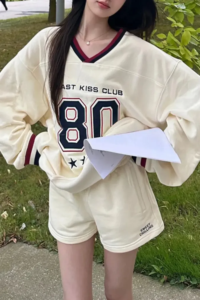 Beige Oversized V-Neck Sweatshirt - Image 1