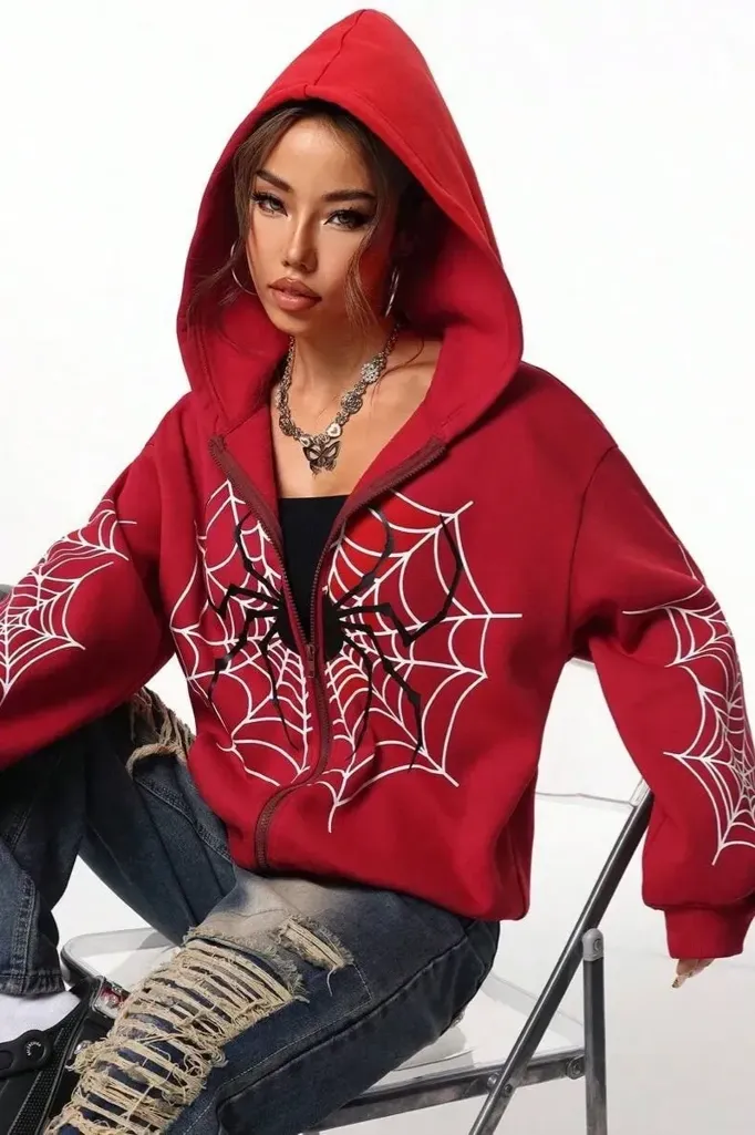 Red Web-Inspired Hoodie - Image 1