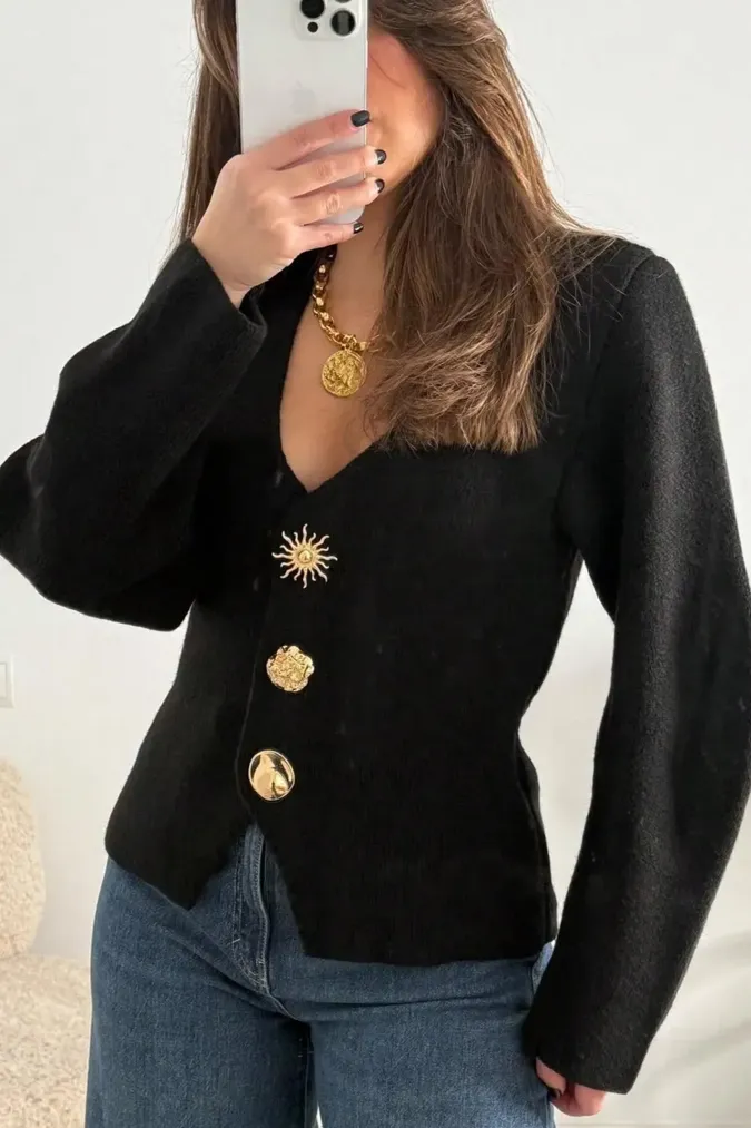 Black V-Neck Buttoned Top - Image 1