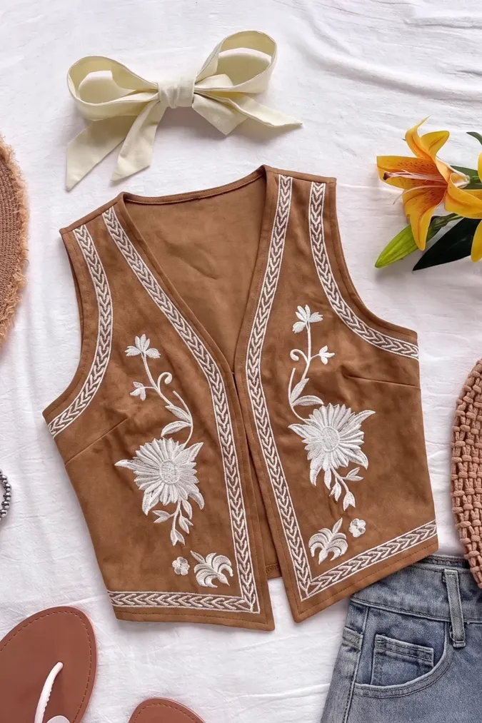 Brown Embroidered V-Neck Vest - Image 1