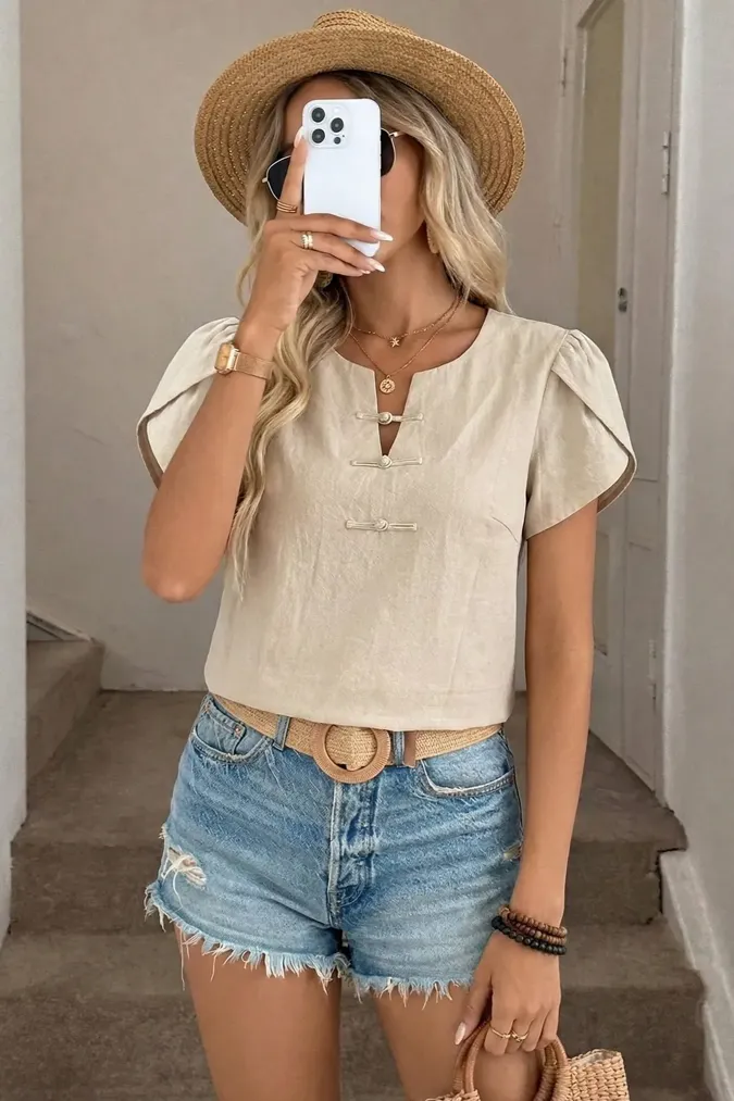 Beige Solid V-Neck Top - Image 1