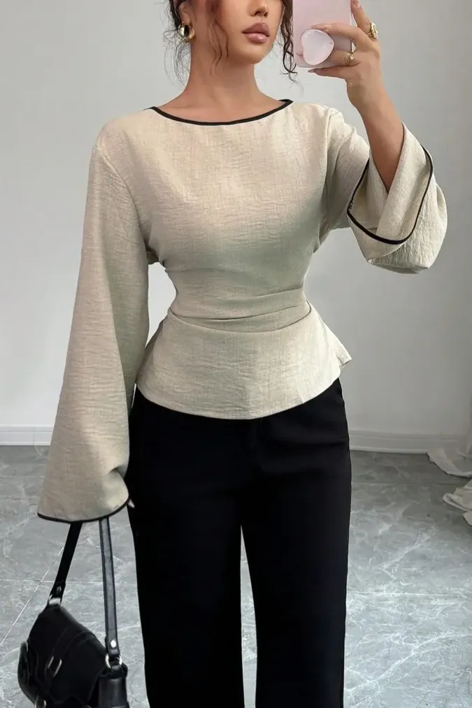 Beige Solid Flared Sleeves Top - Image 1