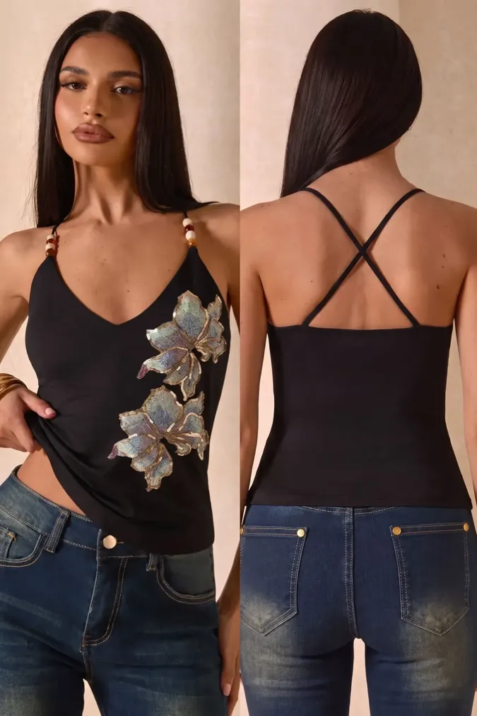 Black Embellished Halter Top - Image 1