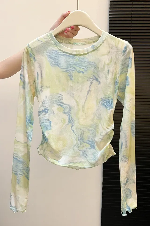 Light Yellow Marble Ruched T-Shirt - Image 1