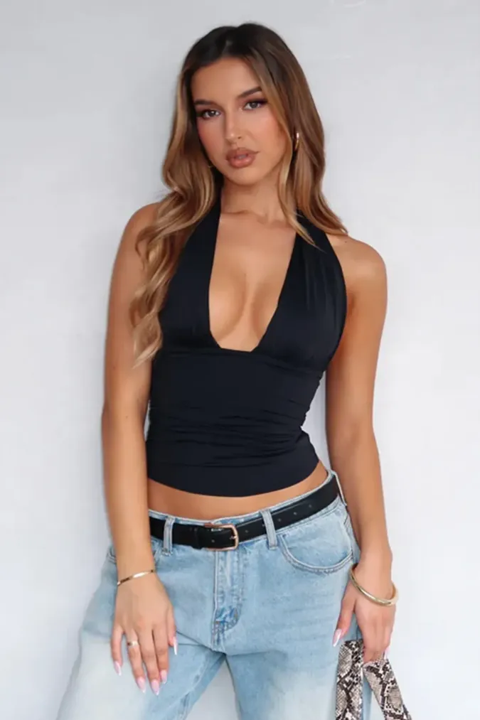 Black Solid Halter Crop Top - Image 1