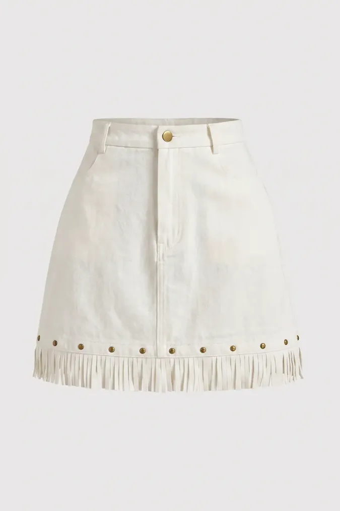 Off White Fringed Studded Mini Skirt - Image 1
