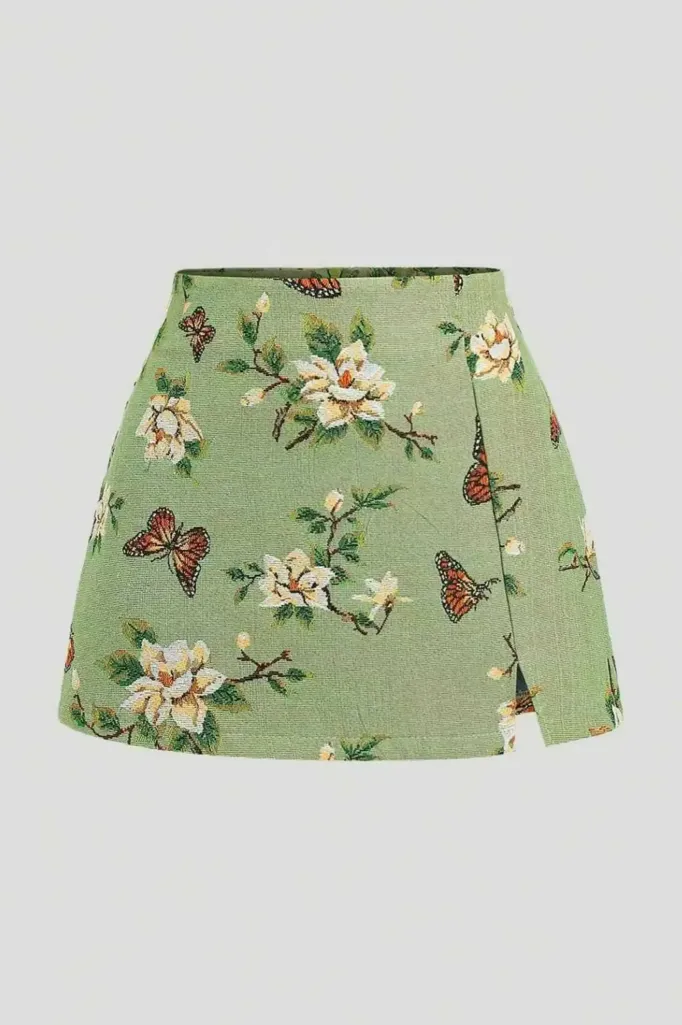 Green Floral Mid Rise Mini Skirt - Image 1