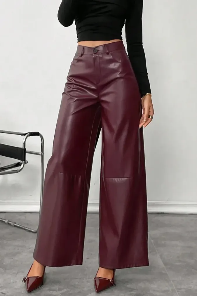 Wine High Rise Pu Pants - Image 1