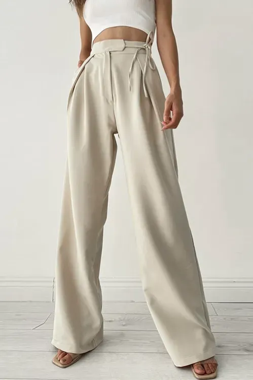 Beige High-Rise Tie-Up Pants - Image 1